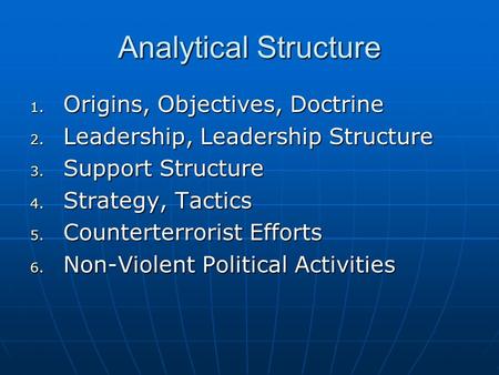 Analytical Structure 1. Origins, Objectives, Doctrine 2. Leadership, Leadership Structure 3. Support Structure 4. Strategy, Tactics 5. Counterterrorist.