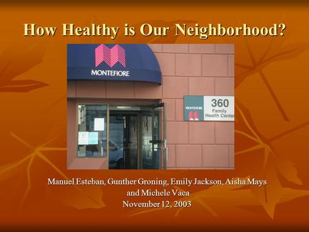 How Healthy is Our Neighborhood? Manuel Esteban, Gunther Groning, Emily Jackson, Aisha Mays and Michele Vaca and Michele Vaca November 12, 2003.