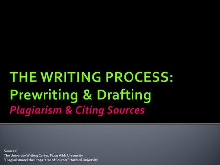 THE WRITING PROCESS: Prewriting & Drafting Plagiarism & Citing Sources