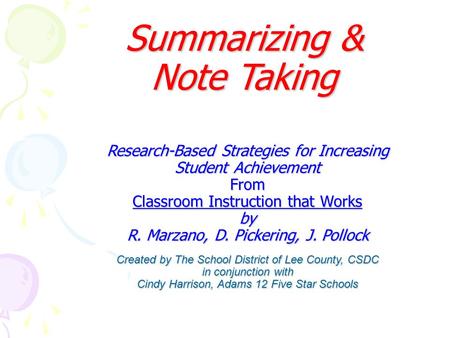 Research-Based Strategies for Increasing Student Achievement From Classroom Instruction that Works by R. Marzano, D. Pickering, J. Pollock Created by The.