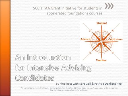 SCC’s TAA Grant initiative for students in accelerated foundations courses by Phip Ross with Kara Gall & Patricia Dankenbring This work is licensed under.