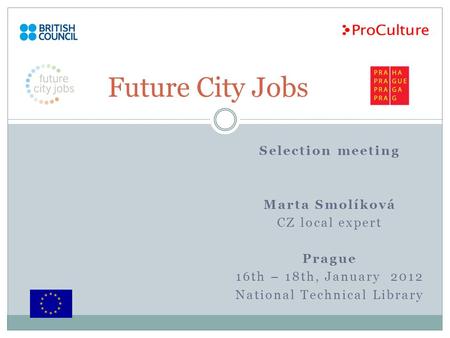 Selection meeting Marta Smolíková CZ local expert Prague 16th – 18th, January 2012 National Technical Library Future City Jobs.