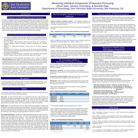 Measuring Individual Components of Executive Processing Oliver Sawi, Zachary Greenberg, & Kenneth Paap Department of Psychology, San Francisco State University,