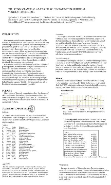 SKIN CONDUCTANCE AS A MEASURE OF DISCOMFORT IN ARTIFICIAL VENTILATED CHILDREN Gjerstad AC*, Wagner K**, Henriksen T***, Hellerud BC*, Storm H*, Skills.