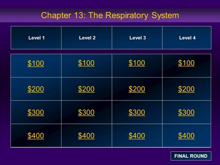 Chapter 13: The Respiratory System $100 $200 $300 $400 $100$100$100 $200 $300 $400 Level 1Level 2Level 3Level 4 FINAL ROUND.