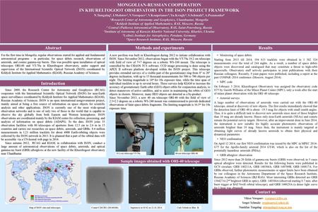 MONGOLIAN-RUSSIAN COOPERATION IN KHURELTOGOOT OBSERVATORY IN THE ISON PROJECT FRAMEWORK N.Tungalag 1, I.Molotov 2, V.Voropaev 2, V.Kouprianov 3, Yu.Krugly.