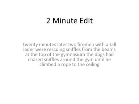 2 Minute Edit twenty minutes later two firemen with a tall lader were rescuing sniffles from the beams at the top of the gymnasium the dogs had chased.