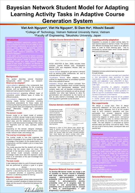 Bayesian Network Student Model for Adapting Learning Activity Tasks in Adaptive Course Generation System Introduction Adaptive educational hypermedia system.