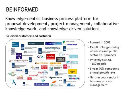 BEINFORMED Knowledge-centric business process platform for proposal development, project management, collaborative knowledge work, and knowledge-driven.