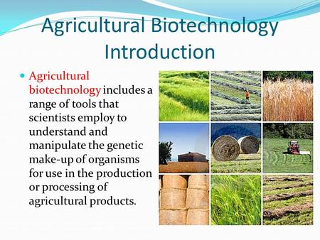 Agricultural Biotechnology Introduction Agricultural biotechnology includes a range of tools that scientists employ to understand and manipulate the genetic.