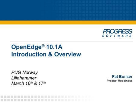 Pat Bonser Product Readiness OpenEdge ® 10.1A Introduction & Overview PUG Norway Lillehammer March 16 th & 17 th.