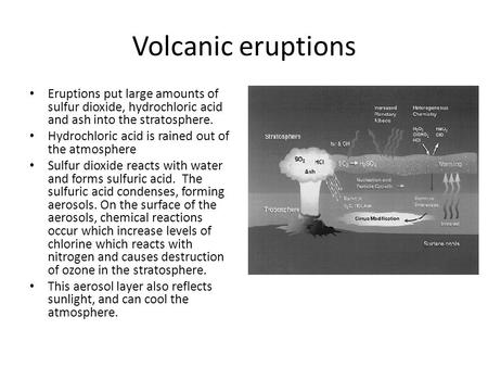 Volcanic eruptions Eruptions put large amounts of sulfur dioxide, hydrochloric acid and ash into the stratosphere. Hydrochloric acid is rained out of the.