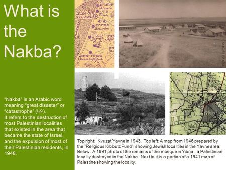 What is the Nakba? Top right: Kvuzat Yavne in 1943. Top left: A map from 1946 prepared by the ”Religious Kibbutz Fund”, showing Jewish localities in the.