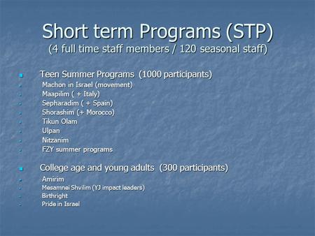 Short term Programs (STP) (4 full time staff members / 120 seasonal staff) Teen Summer Programs (1000 participants) Teen Summer Programs (1000 participants)