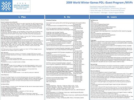 2009 World Winter Games PDL: Guest Program /MVPs I. PlanII. DoIII. Learn Overview/Purpose: Guest Constituencies and Benefits The Guest Program was formally.