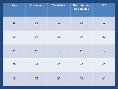 PoeCharactersTrue/FalseShort Answer And Quotes ??? 10 20 30 40 50.