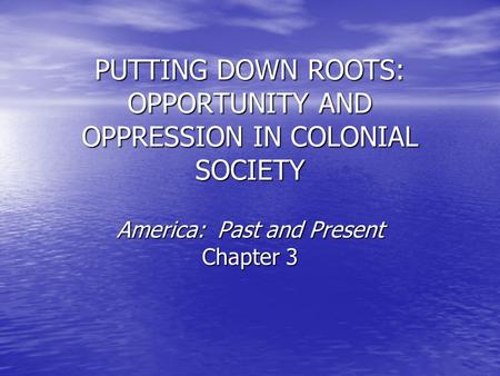 PUTTING DOWN ROOTS: OPPORTUNITY AND OPPRESSION IN COLONIAL SOCIETY