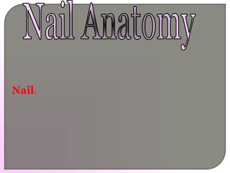 Nail :. Nail : composed mainly of keratin, the same protein in skin and hair.