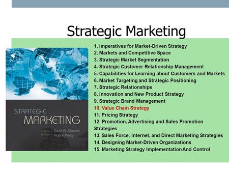 1. Imperatives for Market-Driven Strategy 2. Markets and Competitive Space 3. Strategic Market Segmentation 4. Strategic Customer Relationship Management.