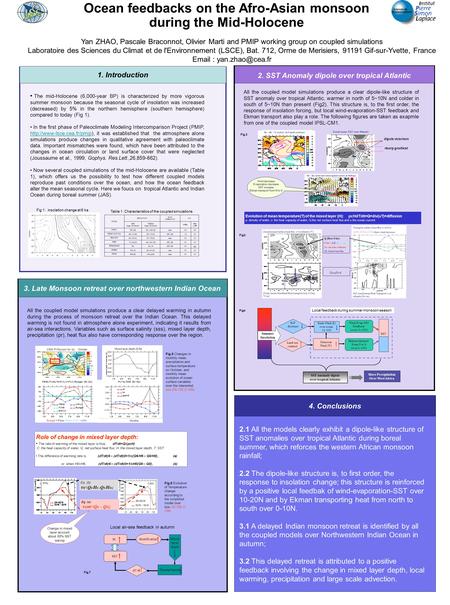 Ocean feedbacks on the Afro-Asian monsoon during the Mid-Holocene Yan ZHAO, Pascale Braconnot, Olivier Marti and PMIP working group on coupled simulations.