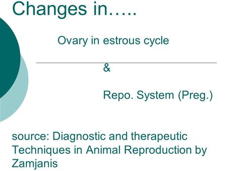 Changes in….. Ovary in estrous cycle & Repo. System (Preg.) source: Diagnostic and therapeutic Techniques in Animal Reproduction by Zamjanis.