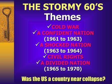 Themes COLD WAR COLD WAR A CONFIDENT NATION (1961 to 1963)‏ A CONFIDENT NATION (1961 to 1963)‏ A SHOCKED NATION (1963 to 1964)‏ A SHOCKED NATION (1963.