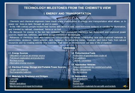 TECHNOLOGY MILESTONES FROM THE CHEMIST’S VIEW I. ENERGY AND TRANSPORTATION Chemists and chemical engineers have made many contributions to energy and transportation.