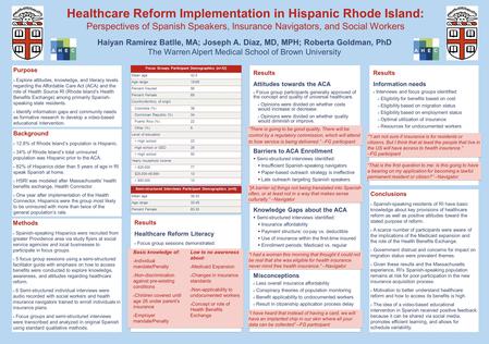 Results Attitudes towards the ACA n Focus group participants generally approved of the concept and quality of universal healthcare. n Opinions were divided.