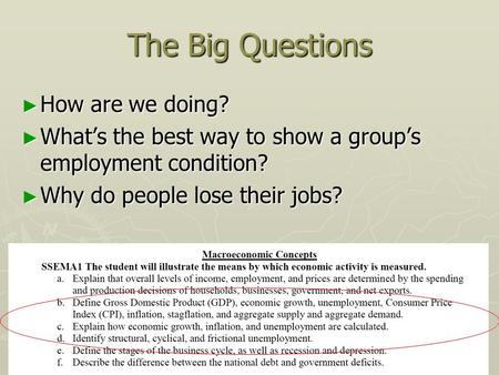 The Big Questions ► How are we doing? ► What’s the best way to show a group’s employment condition? ► Why do people lose their jobs?