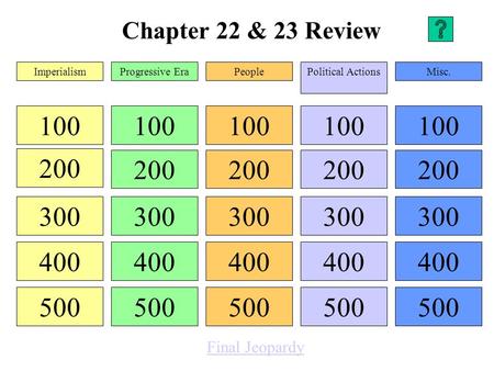 Chapter 22 & 23 Review 100 200 300 400 500 100 200 300 400 500 100 200 300 400 500 100 200 300 400 500 100 200 300 400 500 ImperialismProgressive EraPeoplePolitical.