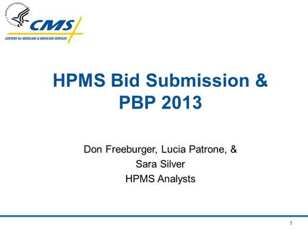 1 HPMS Bid Submission & PBP 2013 Don Freeburger, Lucia Patrone, & Sara Silver HPMS Analysts.