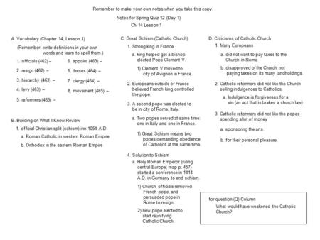 Notes for Spring Quiz 12 (Day 1) Remember to make your own notes when you take this copy. Ch 14 Lesson 1 3. hierarchy (463) – A. Vocabulary (Chapter 14,