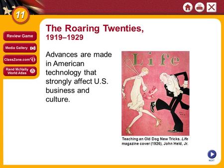 Teaching an Old Dog New Tricks. Life magazine cover (1926), John Held, Jr. NEXT The Roaring Twenties, 1919–1929 Advances are made in American technology.
