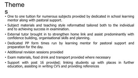 Theme s One to one tuition for numerous subjects provided by dedicated in school learning mentor along with pastoral support. Subject materials and teaching.