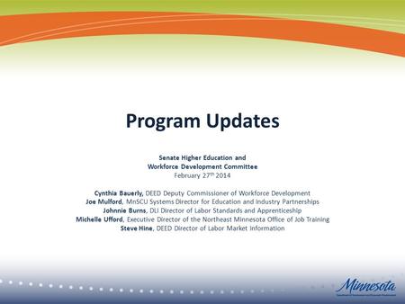 Program Updates Senate Higher Education and Workforce Development Committee February 27 th 2014 Cynthia Bauerly, DEED Deputy Commissioner of Workforce.