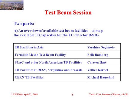 LCWS2004, April 22, 2004Vaclav Vrba, Institute of Physics, AS CR 1 Test Beam Session Two parts: A) An overview of available test beam facilities – to map.