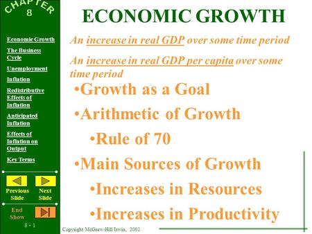 8 - 1 Copyright McGraw-Hill/Irwin, 2002 Economic Growth The Business Cycle Unemployment Inflation Redistributive Effects of Inflation Anticipated Inflation.