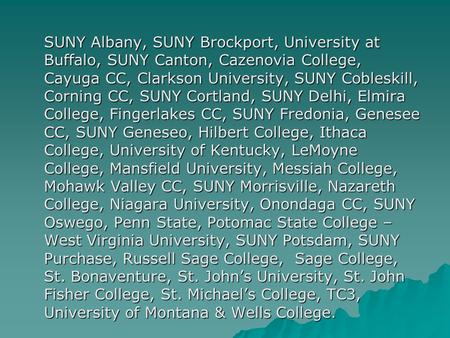 SUNY Albany, SUNY Brockport, University at Buffalo, SUNY Canton, Cazenovia College, Cayuga CC, Clarkson University, SUNY Cobleskill, Corning CC, SUNY.