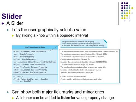 Slider A Slider Lets the user graphically select a value By sliding a knob within a bounded interval Can show both major tick marks and minor ones A listener.