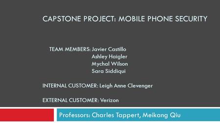 CAPSTONE PROJECT: MOBILE PHONE SECURITY TEAM MEMBERS: Javier Castillo Ashley Haigler Mychal Wilson Sara Siddiqui INTERNAL CUSTOMER: Leigh Anne Clevenger.