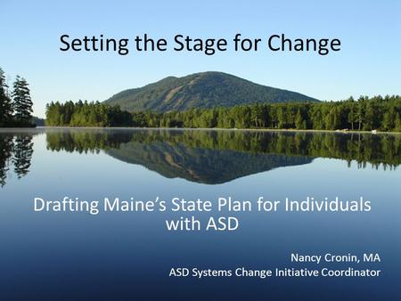 Setting the Stage for Change Drafting Maine’s State Plan for Individuals with ASD Nancy Cronin, MA ASD Systems Change Initiative Coordinator.