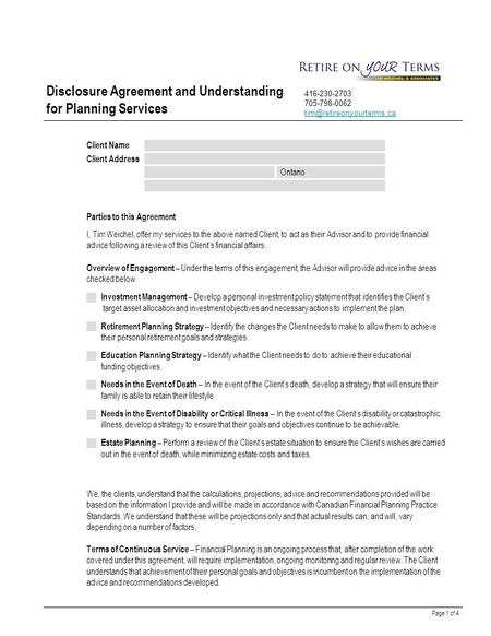 Overview of Engagement – Under the terms of this engagement, the Advisor will provide advice in the areas checked below. Investment Management – Develop.