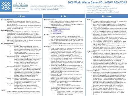 2009 World Winter Games PDL: MEDIA RELATIONS I. PlanII. DoIII. Learn Overview/Purpose: Ensure Games message be delivered consistently, accurately, effectively.