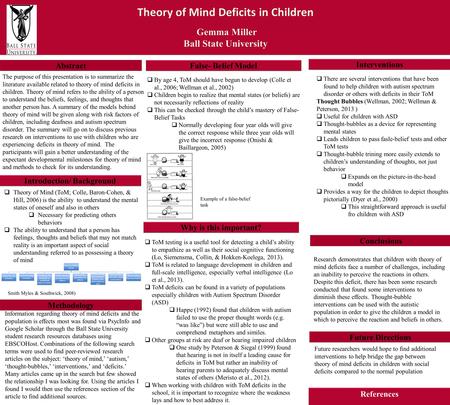 Theory of Mind Deficits in Children Gemma Miller Gemma Miller Ball State University Theory of Mind Deficits in Children Gemma Miller Gemma Miller Ball.