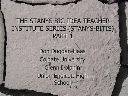 THE STANYS BIG IDEA TEACHER INSTITUTE SERIES (STANYS-BITIS) PART 1 Don Duggan-Haas Colgate University Glenn Dolphin Union-Endicott High School Don Duggan-Haas.