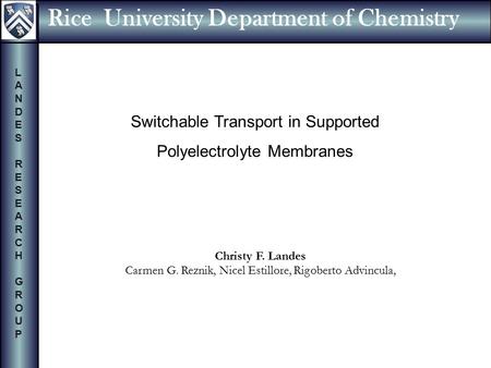 R Christy F. Landes Carmen G. Reznik, Nicel Estillore, Rigoberto Advincula, Switchable Transport in Supported Polyelectrolyte Membranes LANDESRESEARCH.