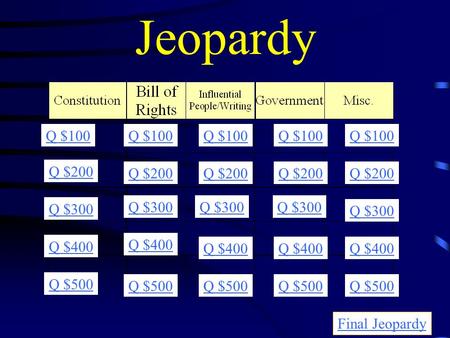 Jeopardy Q $100 Q $200 Q $300 Q $400 Q $500 Q $100 Q $200 Q $300 Q $400 Q $500 Final Jeopardy.