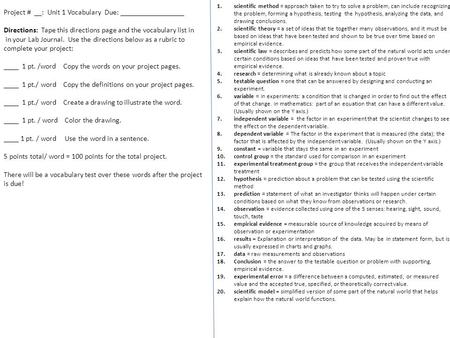 1.scientific method = approach taken to try to solve a problem, can include recognizing the problem, forming a hypothesis, testing the hypothesis, analyzing.