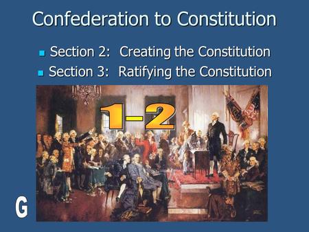 Confederation to Constitution Section 2: Creating the Constitution Section 2: Creating the Constitution Section 3: Ratifying the Constitution Section 3: