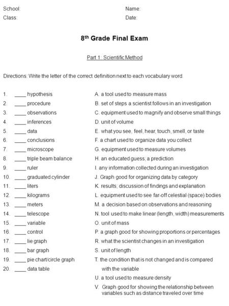 School:Name: Class:Date: 8 th Grade Final Exam Part 1: Scientific Method Directions: Write the letter of the correct definition next to each vocabulary.